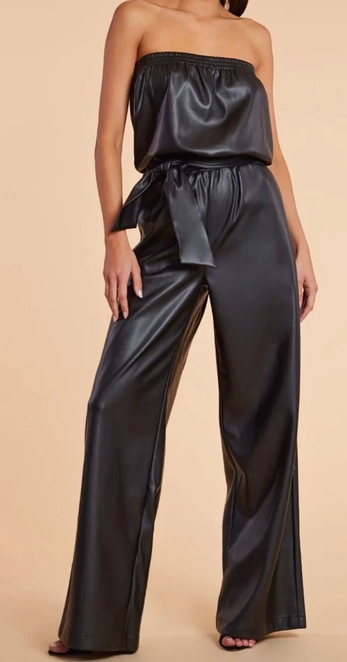 Bishop + Young black vegan leather strapless jumpsuit bandeau $140 Small NWT